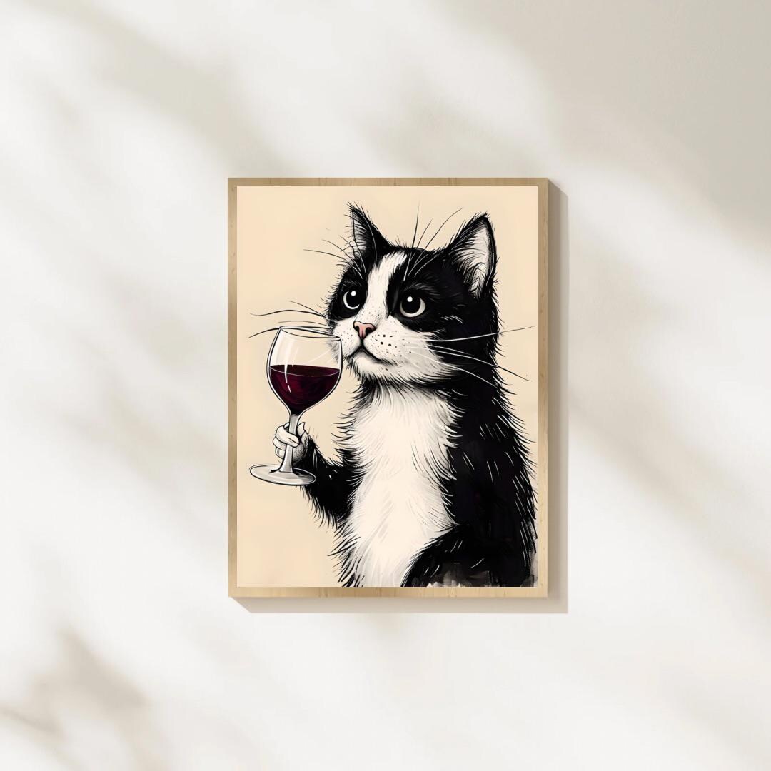 Cat Drinking Wine Wall Art, Funny Tuxedo Cat Printable for Kitchen or ...
