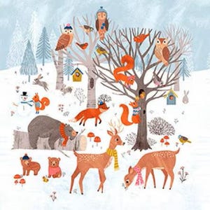 May include: A winter forest illustration featuring a brown bear, two deer with scarves, a fox, squirrels, owls, and birds. The scene includes a snowman, snow-covered trees, and small birdhouses set against a light blue snowy background.