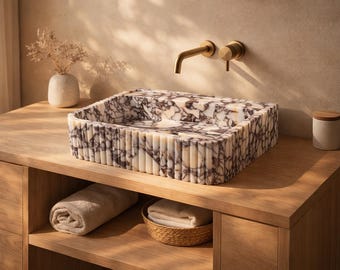 Marble Sink Calacatta Viola, Bathroom Sink, Wall mounted Sink with Backsplash, Handcarved Sink, Marble Washbasin, Natural Stone, Custom Size