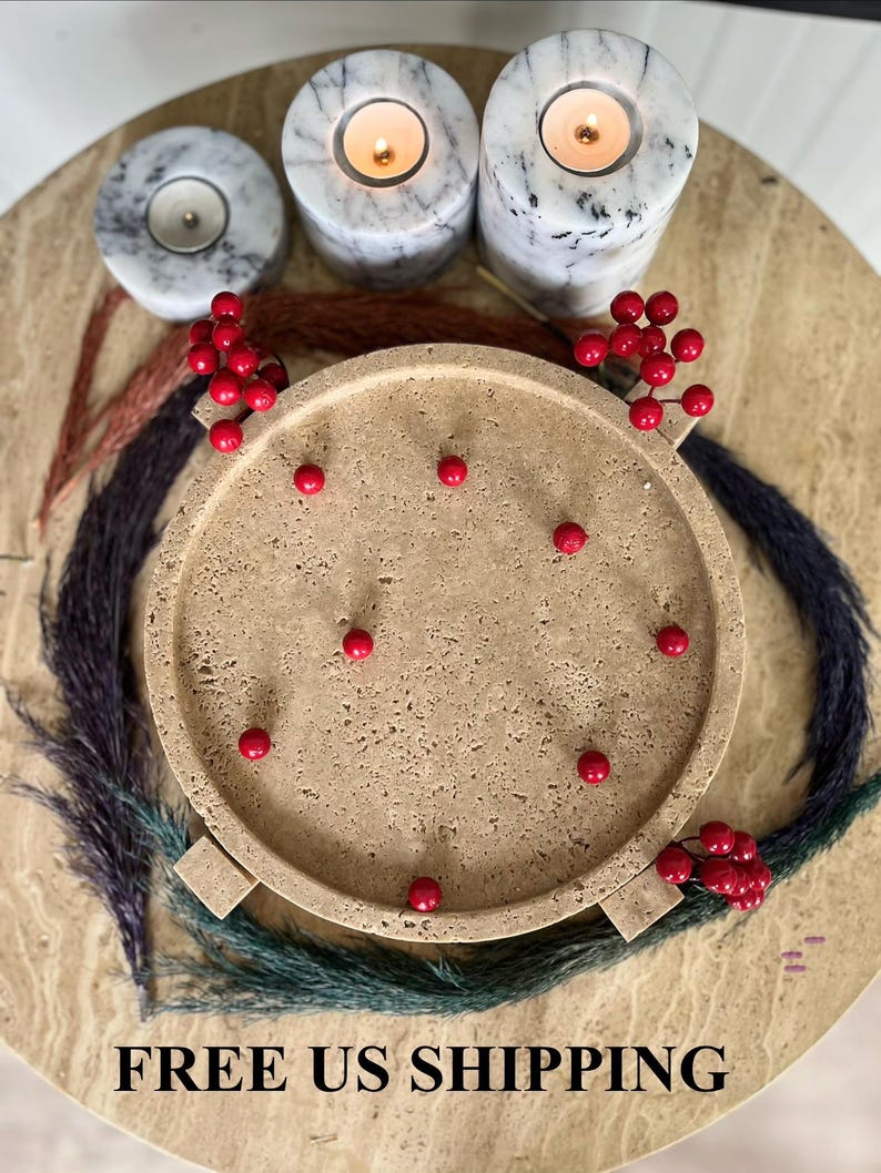 Travertine Pedestal Tray 10 inch, Natural Stone Bathroom Tray, Vanity Decor Tray, Marble Candle Tray, Coffee Table Decor, Luxury Stone Tray image 1