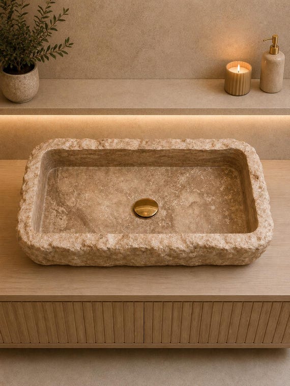 Fluted Travertine Bathroom Sink - Natural Stone Vessel Sink  - Luxury Beige Marble Vanity Sink - Handcrafted Travertine Wall Mount Sink
