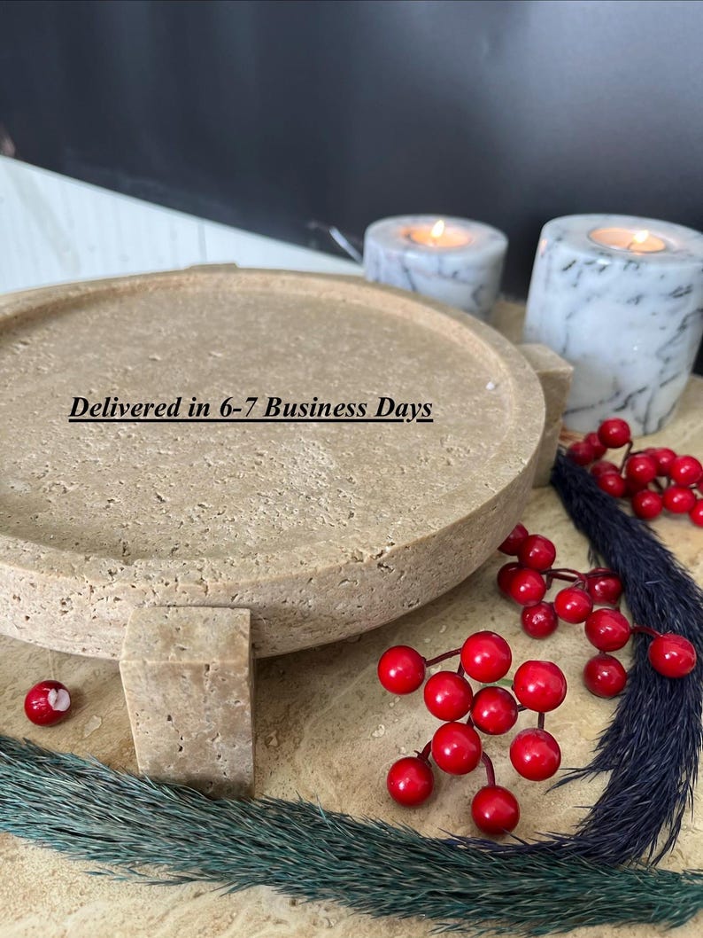 Travertine Pedestal Tray 10 inch, Natural Stone Bathroom Tray, Vanity Decor Tray, Marble Candle Tray, Coffee Table Decor, Luxury Stone Tray image 4