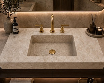 Travertine Bathroom Sink, Natural Stone Vanity Sink, Luxury Travertine Wash Basin, Custom Size Integrated Marble Sink, Custom Size Sink