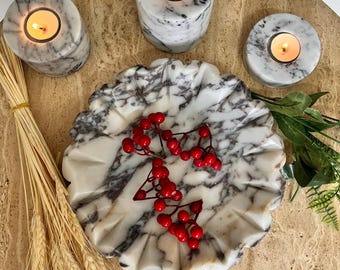 Handmade Calacatta Marble Decorative Bowl, Fluted Stone Tray Centerpiece, Luxury Home Decor Gift