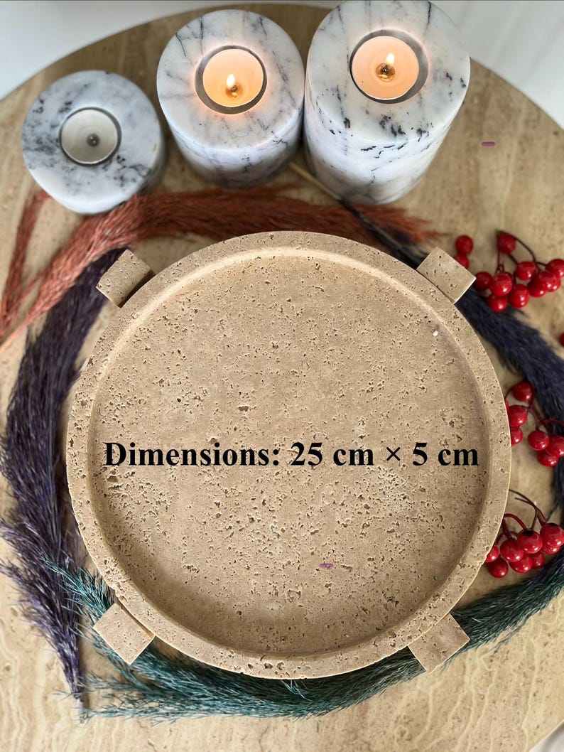 Travertine Pedestal Tray 10 inch, Natural Stone Bathroom Tray, Vanity Decor Tray, Marble Candle Tray, Coffee Table Decor, Luxury Stone Tray image 2