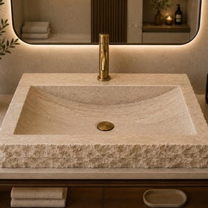 Travertine Stone Sink, Handmade Bathroom Vessel Sink, Chiseled Edge Rustic Sink, Natural Modern Vanity Sink, Luxury Spa Sink