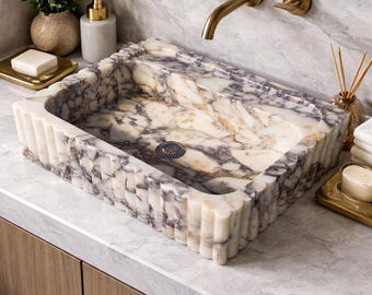 Pia de mármore para parede - Pia de apoio - Lavatório de parede artesanal para banheiro - Pia Calacatta com nervuras - Pia para lavabo - Pia de mármore