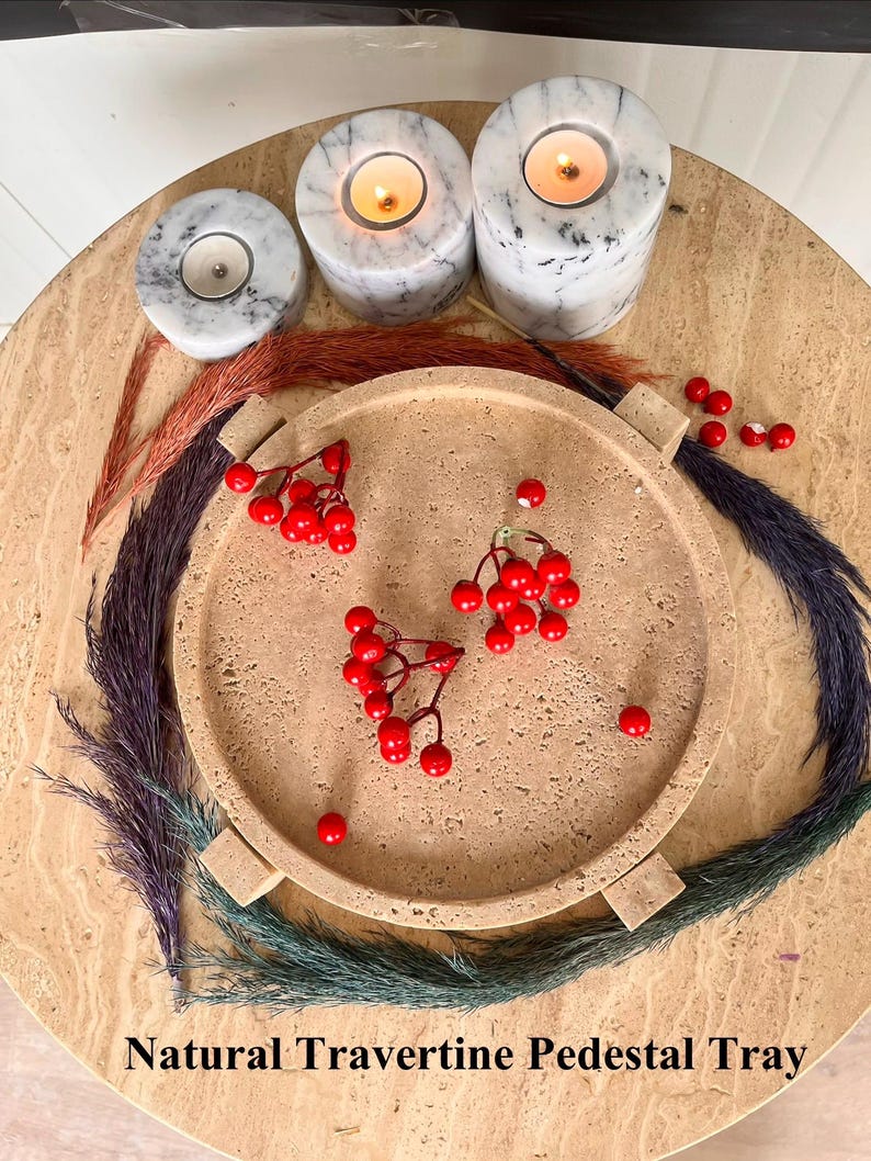 Travertine Pedestal Tray 10 inch, Natural Stone Bathroom Tray, Vanity Decor Tray, Marble Candle Tray, Coffee Table Decor, Luxury Stone Tray image 3