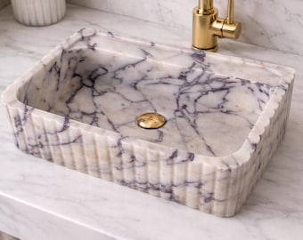 Luxury Lilac Marble Sink – Handmade Purple Veined Stone Vessel Sink, High-End Bathroom Vanity Basin, Designer Statement Washbasin