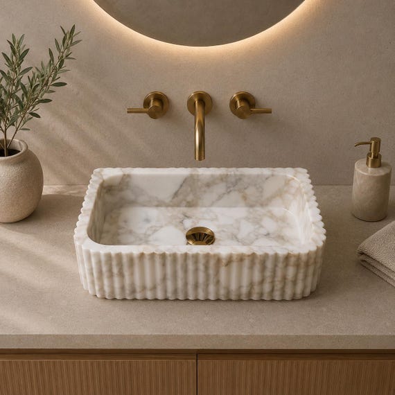 Calacatta Gold Marble Vessel Sink – Luxury Bathroom Sink – Natural Stone Vanity Basin – Fluted Modern Sink – High End Bathroom Design