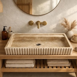 Travertine Vessel Sink – Custom Size Natural Stone Bathroom Basin – Handmade Minimal Vanity Sink – Luxury Beige Stone Sink – Modern Organic