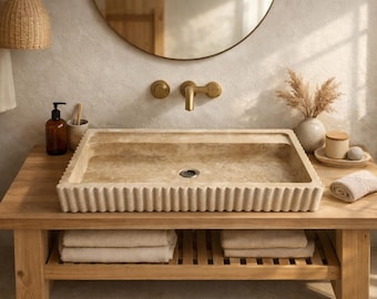Travertine Vessel Sink – Custom Size Natural Stone Bathroom Basin – Handmade Minimal Vanity Sink – Luxury Beige Stone Sink – Modern Organic