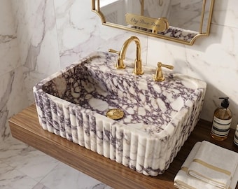 Geriffeltes Waschbecken aus Calacatta Viola Marmor, geripptes Aufsatzwaschbecken aus Marmor, luxuriöses Badezimmerwaschbecken, individuell gefertigtes Marmorwaschbecken mit Hahnloch