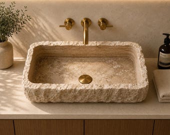 Fluted Travertine Bathroom Sink - Natural Stone Vessel Sink  - Luxury Beige Marble Vanity Sink - Handcrafted Travertine Wall Mount Sink