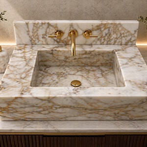 Calacatta Gold Marble Sink with Backsplash - Luxury Stone Vanity Sink - Handmade Bathroom Basin - Gold Vein Marble Washbasin