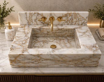 Calacatta Gold Marble Sink with Backsplash - Luxury Stone Vanity Sink - Handmade Bathroom Basin - Gold Vein Marble Washbasin