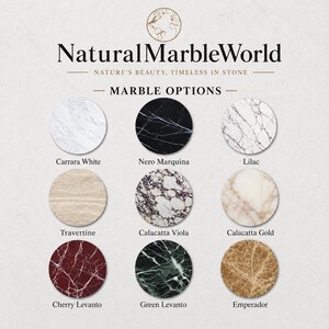 May include: A display chart titled NaturalMarbleWorld featuring nine circular marble samples labelled Carrara White, Nero Marquina, Lilac, Travertine, Calacatta Viola, Calacatta Gold, Cherry Levanto, Green Levanto, and Emperador with varied textures.