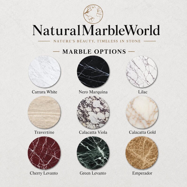 May include: A display chart titled NaturalMarbleWorld featuring nine circular marble samples labelled Carrara White, Nero Marquina, Lilac, Travertine, Calacatta Viola, Calacatta Gold, Cherry Levanto, Green Levanto, and Emperador with varied textures.