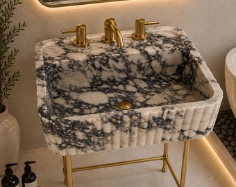 Gegroefde Calacatta Viola marmeren wastafel, geribbelde marmeren opbouw wastafel, luxe badkamerwastafel, op maat gesneden marmeren wastafel met kraangat