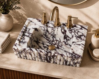 Lavabo da bagno in marmo Calacatta Viola, lavabo da appoggio in pietra scanalata, lavabo di lusso realizzato a mano, lavabo in marmo su misura