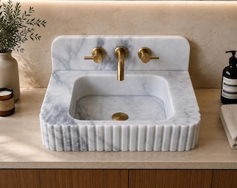 White Marble Sink with Backsplash, Handmade Stone Bathroom Vanity Sink, Luxury Wall Mount Wash Basin, Custom Marble Sink