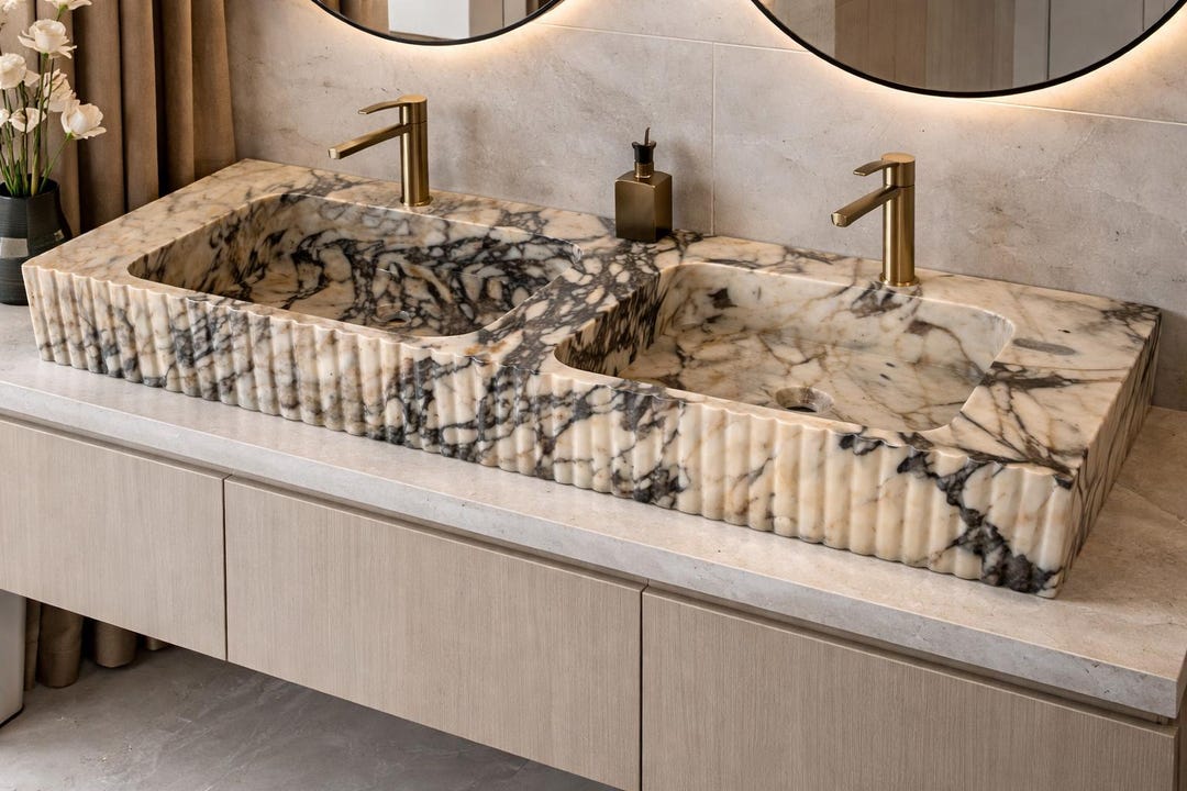 Luxury Marble Double Sink Vanity – Handmade Natural Stone Bathroom Sink ...