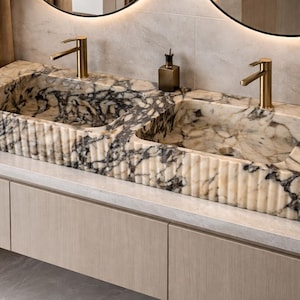 Luxury Marble Double Sink Vanity – Handmade Natural Stone Bathroom Sink – Modern Double Basin Washbasin – Custom Size Available
