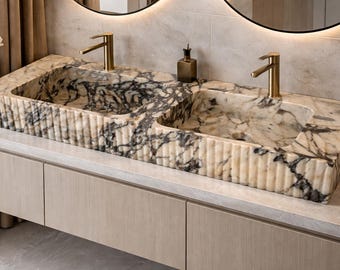 Luxury Marble Double Sink Vanity – Handmade Natural Stone Bathroom Sink – Modern Double Basin Washbasin – Custom Size Available