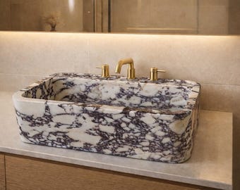Custom Wall Mounted Calacatta Viola Marble Sink - Custom Size Marble Sink - Handcarved Bathroom Basin - Luxury Marble Vanity Sink