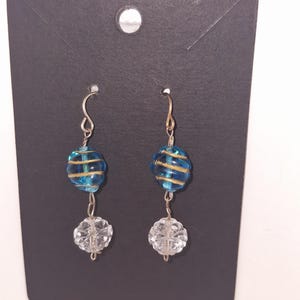 handmade blue glass bead drop earrings with crystal and gold accents