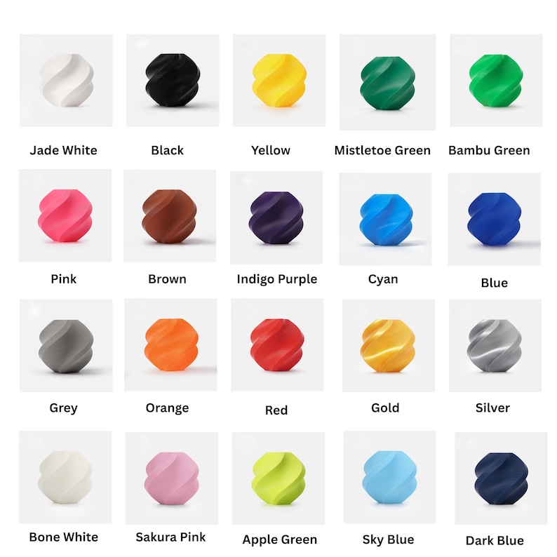 May include: A grid of twenty small, spherical beads with a spiraling, twisted texture. Each bead is a different solid color, including white, black, yellow, green, pink, brown, purple, blue, orange, red, gold, silver, and various shades of blue and green.