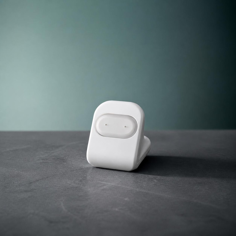 May include: A white, compact charging dock with a rounded rectangular shape. The front surface features a recessed, oval-shaped contact area with two small, metallic charging pins centered within the smooth, matte plastic housing.