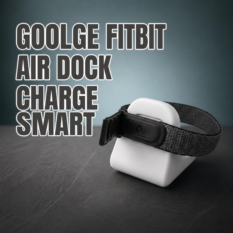 May include: A white charging dock with a black and grey fabric strap attached. The text GOOLGE FITBIT AIR DOCK CHARGE SMART is printed in white with a black outline on the left side of the image. The device features a black central module.