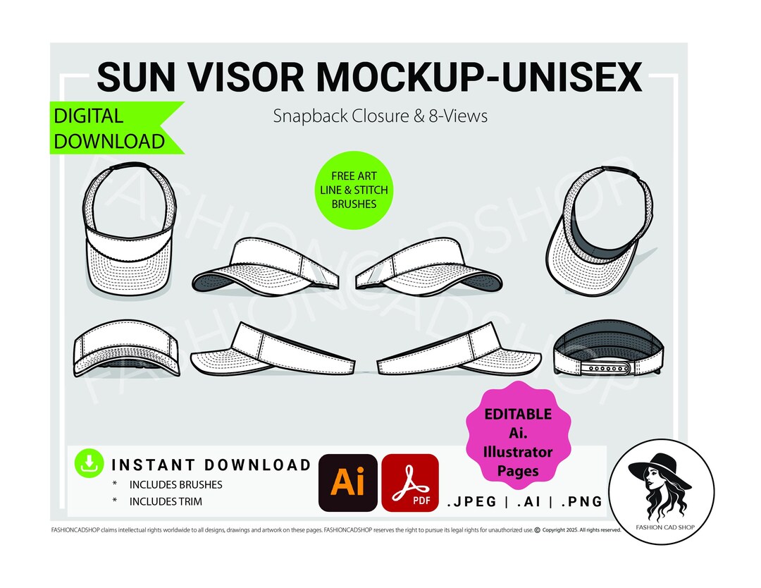 Sun Visor Cap Flat Sketch, Fashion CAD Template, Digital Download, Ai ...