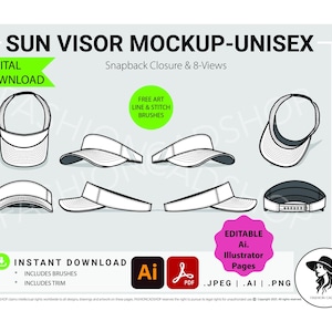 May include: A digital download mockup of a unisex sun visor with a snapback closure. The image displays eight different views of the visor, including front, side, and top perspectives. The design includes free art line and stitch brushes, and is available in AI, PDF, JPEG, AI, and PNG formats.