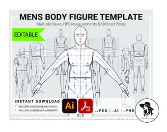 Mens Fashion Body Template, Male Figure Croquis, (Digital Download), Adobe illustrator, Ai, fashion CAD template, technical drawing, vector