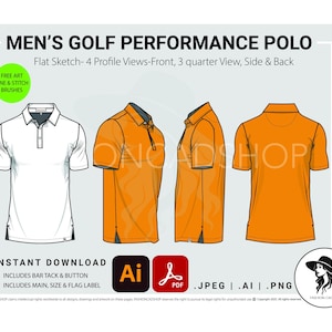 Pode incluir: Ilustração digital de uma camisa polo de golfe masculina em quatro vistas: frente, três quartos, lateral e traseira. A camisa é mostrada em branco e laranja. O texto inclui "Men's Golf Performance Polo" e "Instant Download".