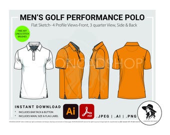 May include: A digital illustration of a men's golf performance polo shirt in four views: front, three-quarter, side, and back. The shirt is shown in white and orange. Text includes "Men's Golf Performance Polo" and "Instant Download".
