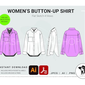 Könnte beinhalten: Eine digitale Illustration eines Damen-Hemdbluse, dargestellt in vier Ansichten: vorne, Seite und hinten. Das Hemd wird sowohl in einem einfarbigen Hellviolett als auch in einer Schwarz-Weiß-Umrandung gezeigt. Text enthält "WOMEN'S BUTTON-UP SHIRT" und "INSTANT DOWNLOAD".