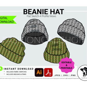 May include: Digital download of a beanie hat flat sketch with four profile views. The image includes fabric swatches and brushes and trims. The text "BEANIE HAT" is at the top, with "DIGITAL DOWNLOAD" and "INSTANT DOWNLOAD" labels. The image is editable and printable.