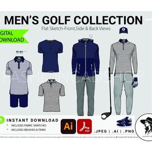 Op de afbeelding: Digitale download van een golfkledingcollectie, met platte schetsen van verschillende outfits. Inclusief een gestreepte poloshirt met een korte broek, een marineblauw shirt met korte mouwen, een jas met capuchon met een broek en een shirt met lange mouwen met een broek.