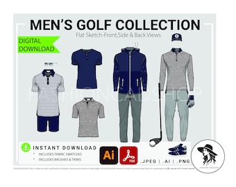May include: Digital download of a golf apparel collection, featuring flat sketches of various outfits. Includes a striped polo shirt with shorts, a navy blue short-sleeve shirt, a hooded jacket with pants, and a long-sleeve shirt with pants. Also includes golf accessories.