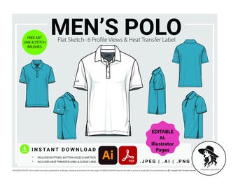Men's Polo Fashion Flat Sketch, Vector CAD Template, (Digital Download), Fashion CAD Template, Ai, Adobe illustrator, Polo Technical Drawing