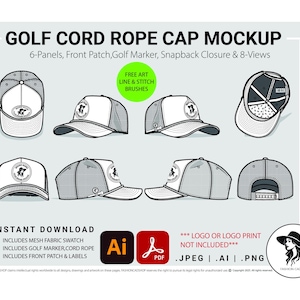 May include: A golf cord rope cap mockup with various views, featuring 6 panels, a front patch, golf marker, and snapback closure. The image displays the text "GOLF CORD ROPE CAP MOCKUP" and "FREE ART LINE & STITCH BRUSHES".