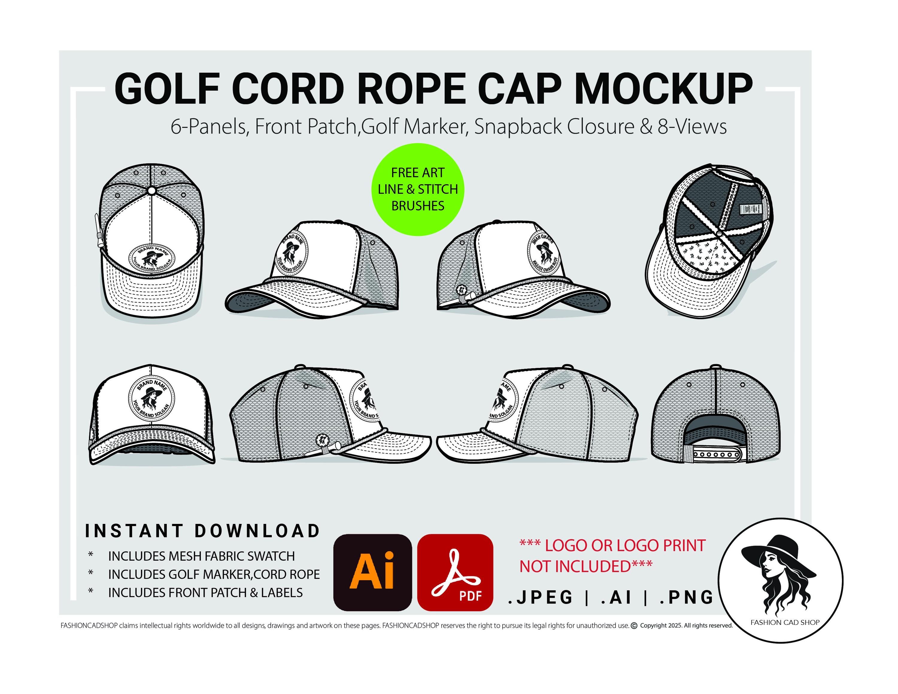 Golf Cord Rope Cap, 6-panel Snapback Hat, Blank Hat Illustration