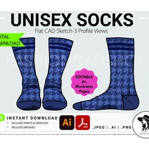 Könnte beinhalten: Digitaler Download eines flachen CAD-Entwurfs für Unisex-Socken mit drei Profilansichten. Die Socken sind blau mit einem Hahnentrittmuster und Streifen oben. Enthält Drucke, Farbfelder und Pinsel. Der Text "UNISEX SOCKS" steht oben.