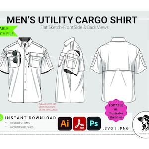 Men's Utility Cargo Shirt CAD Template, Editable Ai Fashion Flat Sketch (Digital Download), CAD drawings, Vector sketches, Adobe illustrator