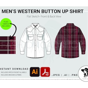 May include: A flat sketch of a western button-up shirt. The design includes a white shirt with two front pockets and a burgundy plaid shirt. The text "MEN'S WESTERN BUTTON UP SHIRT" is at the top. The image also includes a plaid swatch and file type icons.