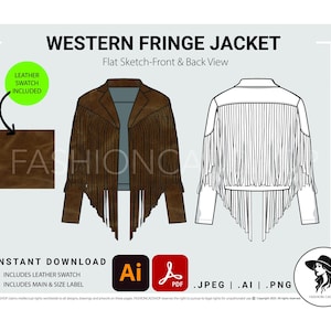 May include: A flat sketch of a Western fringe jacket, showing front and back views. The jacket is brown with fringe detailing. Includes a leather swatch and the text "WESTERN FRINGE JACKET". Available for instant download in various file formats.
