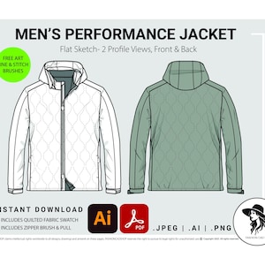 May include: A flat sketch of a performance jacket, showcasing front and back views. The jacket features a quilted fabric design, a zipper, and a hood. The image includes the text "MEN'S PERFORMANCE JACKET" and "INSTANT DOWNLOAD".
